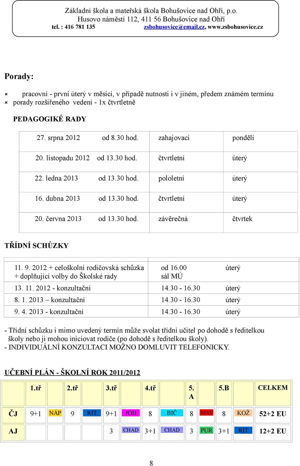 9. 2012 + celoškolní rodičovská schůzka + doplňující volby do Školské rady od 16.00 sál MÚ úterý 13. 11. 2012 - konzultační 14.30-16.30 úterý 8. 1. 2013 konzultační 14.30-16.30 úterý 9. 4.