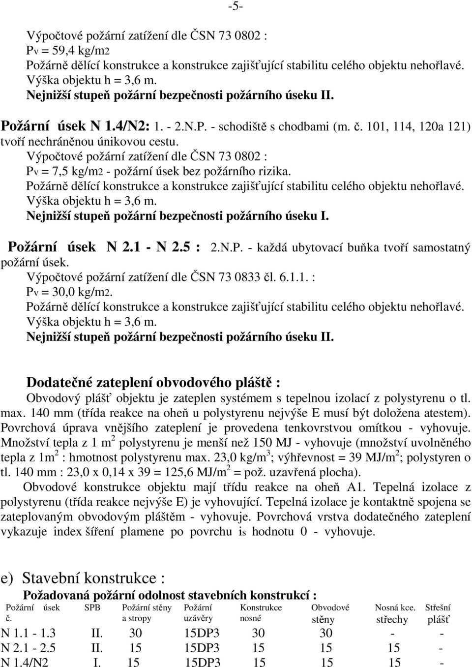 Výpočtové požární zatížení dle ČSN 73 0802 : Pv = 7,5 kg/m2 - požární úsek bez požárního rizika. Požárně dělící konstrukce a konstrukce zajišťující stabilitu celého objektu nehořlavé.