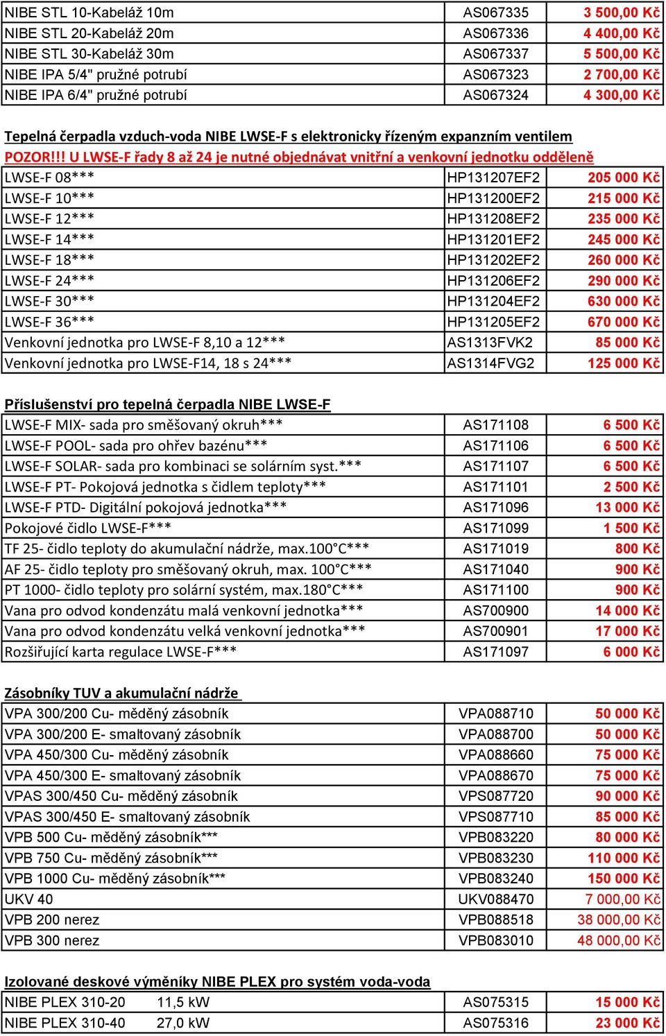 !! U LWSE-F řady 8 až 24 je nutné objednávat vnitřní a venkovní jednotku odděleně LWSE-F 08*** HP131207EF2 205 000 Kč LWSE-F 10*** HP131200EF2 215 000 Kč LWSE-F 12*** HP131208EF2 235 000 Kč LWSE-F