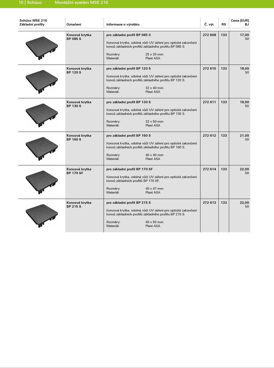 272 608 133 17,00 Rozměry: 25 x 25 mm Plast ASA Koncová krytka BP 120 S pro základní profil BP 120 S Koncová krytka, odolná vůči UV záření pro optické zakončení konců základních profilů základního