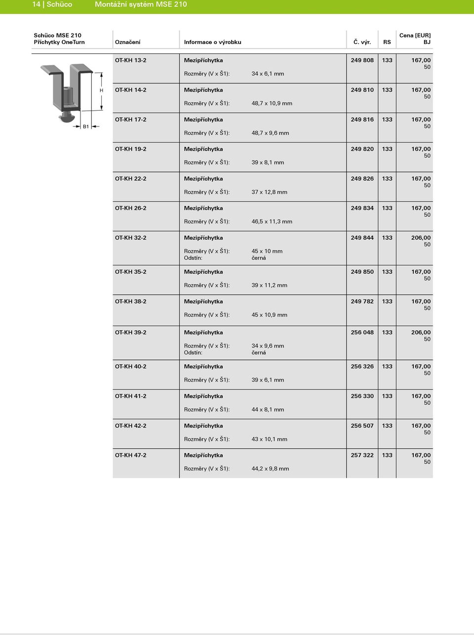 11,3 mm 249 834 133 167,00 OT-KH 32-2 Mezipříchytka Odstín: 45 x 10 mm černá 249 844 133 206,00 OT-KH 35-2 Mezipříchytka 39 x 11,2 mm 249 8 133 167,00 OT-KH 38-2 Mezipříchytka 45 x 10,9 mm 249 782