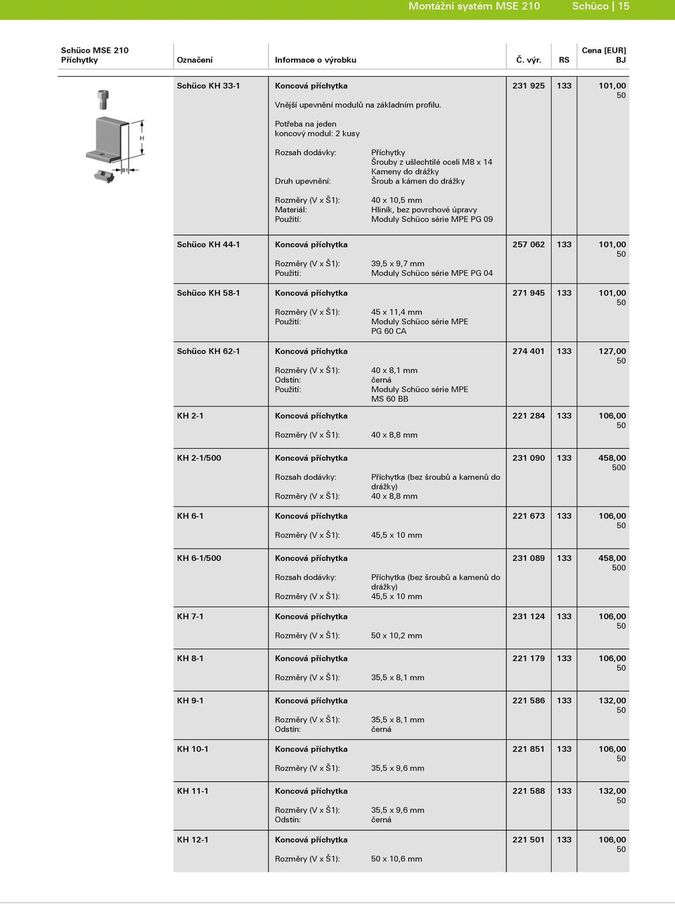 povrchové úpravy Použití: Moduly Schüco série MPE PG 09 Schüco KH 44- Koncová příchytka 39,5 x 9,7 mm Použití: Moduly Schüco série MPE PG 04 257 062 133 101,00 Schüco KH 58- Koncová příchytka