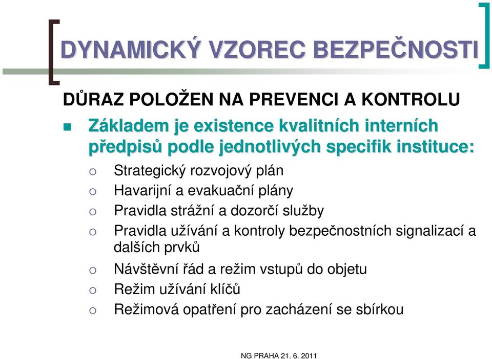 evakuační plány Pravidla strážní a dozorčí služby Pravidla užívání a kontroly bezpečnostních signalizací