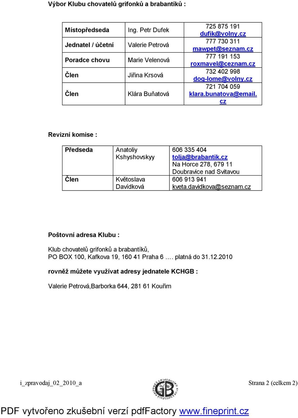 cz 721 704 059 klara.bunatova@email. cz Revizní komise : Předseda Člen Anatoliy Kshyshovskyy Květoslava Davídková 606 335 404 tolja@brabantik.