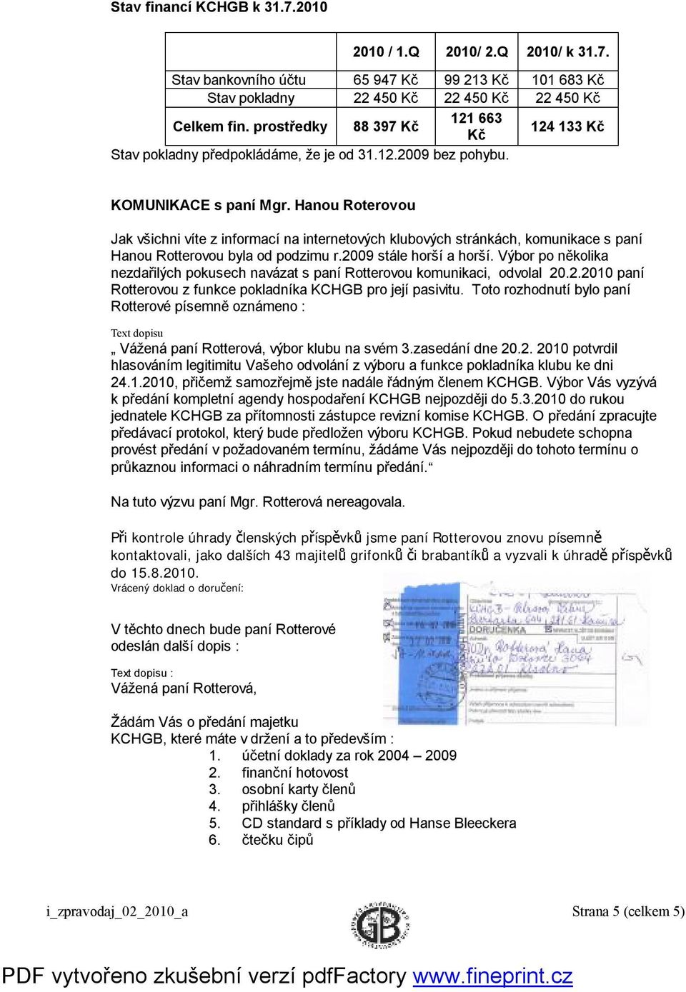 Hanou Roterovou Jak všichni víte z informací na internetových klubových stránkách, komunikace s paní Hanou Rotterovou byla od podzimu r.2009 stále horší a horší.
