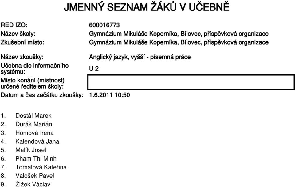 ředitelem školy: Datum a čas začátku zkoušky: 1.6.2011 10:50 1. Dostál Marek 2. Ďurák Marián 3.