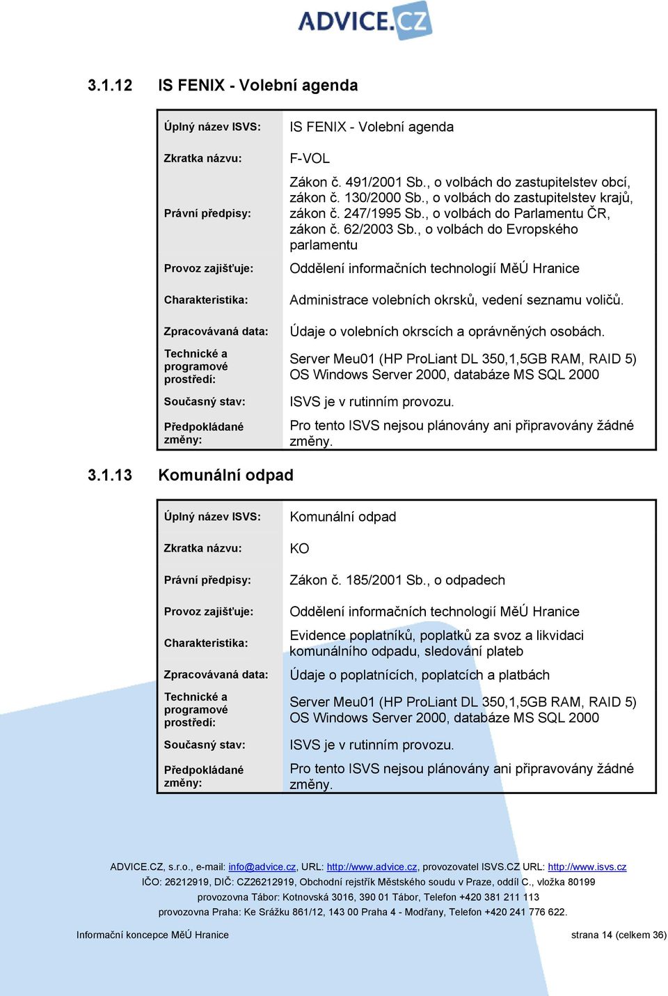 , o volbách do Parlamentu ČR, zákon č. 62/2003 Sb., o volbách do Evropského parlamentu Oddělení informačních technologií MěÚ Hranice Administrace volebních okrsků, vedení seznamu voličů.