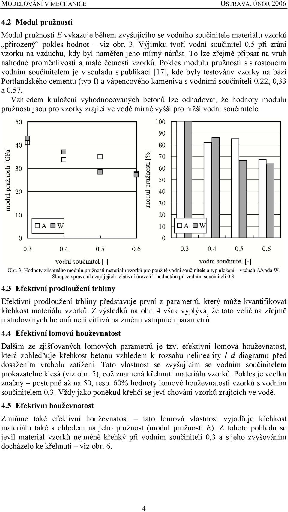 Pokles modulu pružnosti s s rostoucím vodním součinitelem je v souladu s publikací [17], kde byly testovány vzorky na bázi Portlandského cementu (typ I) a vápencového kameniva s vodními součiniteli