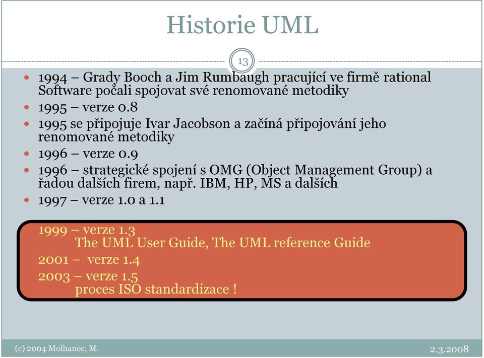 9 1996 strategické spojení s OMG (Object Management Group) a řadou dalších firem, např. IBM, HP, MS a dalších 1997 verze 1.