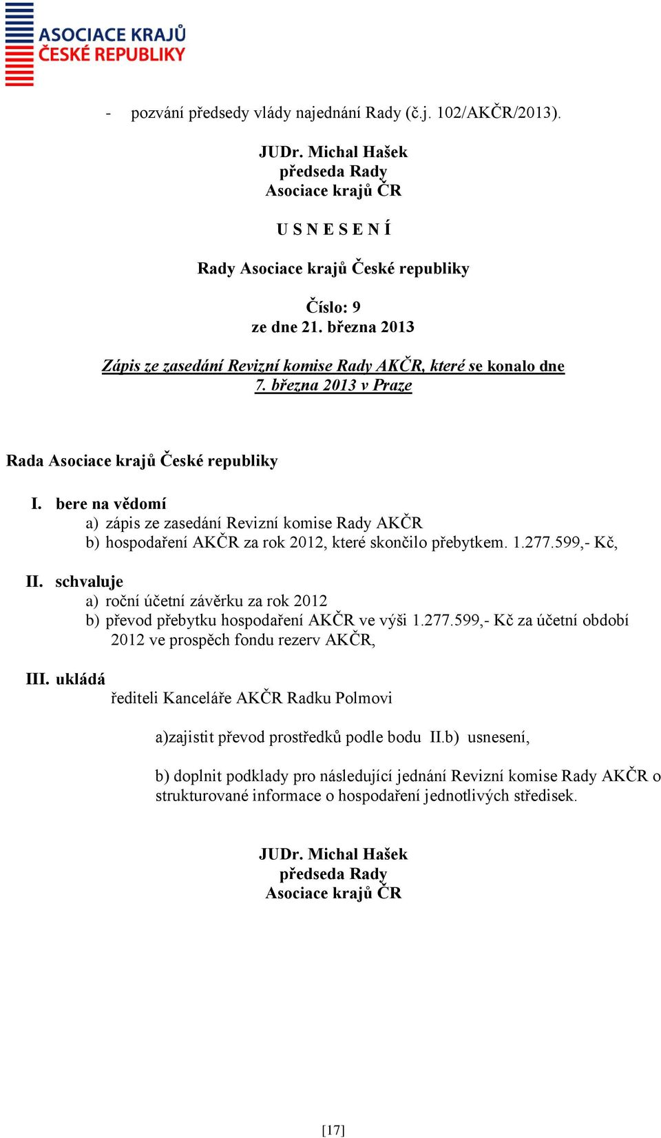 schvaluje a) roční účetní závěrku za rok 2012 b) převod přebytku hospodaření AKČR ve výši 1.277.599,- Kč za účetní období 2012 ve prospěch fondu rezerv AKČR, III.
