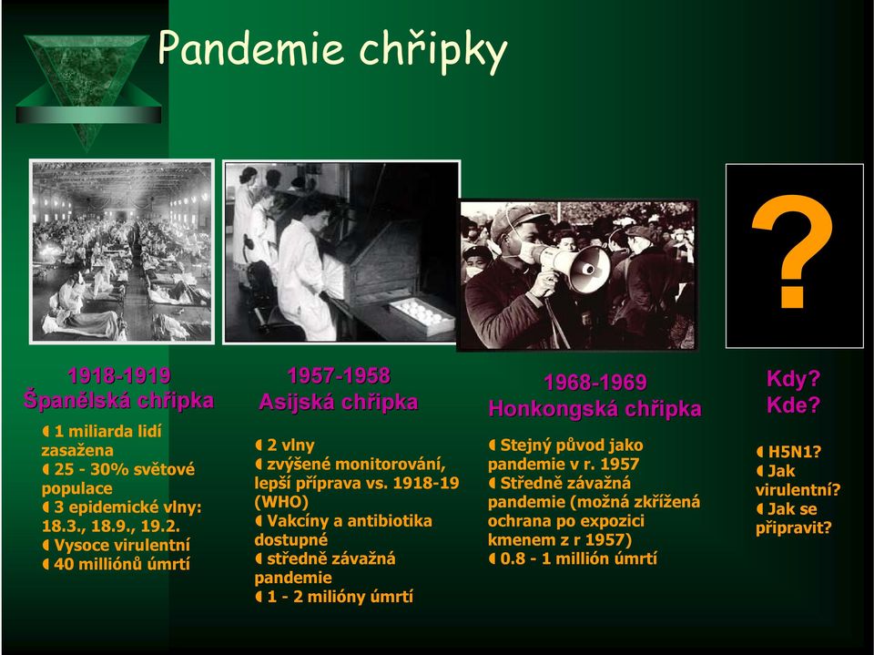 Vysoce virulentní 40 milliónů úmrtí 1957-1958 1958 Asijsk jská chřipka 2 vlny zvýšené monitorování, lepší příprava vs.