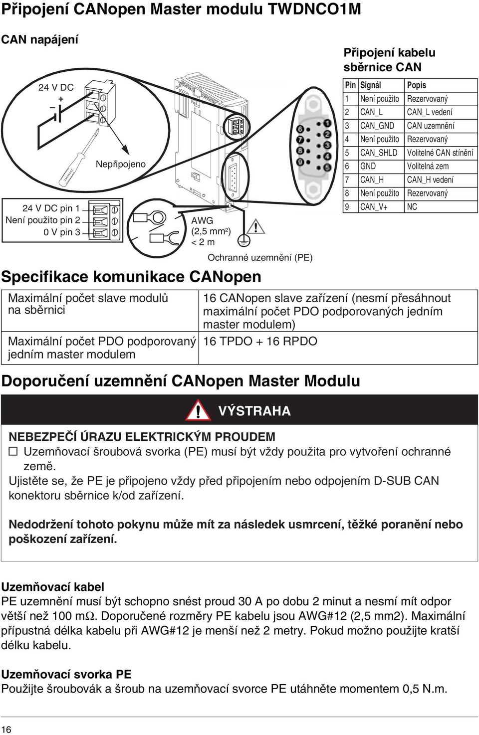 CN_L CN_L vedení 3 CN_GND CN uzemnění 4 Není použito Rezervovaný 5 CN_SHLD Volitelné CN stínění 6 GND Volitelná zem 7 CN_H CN_H vedení 8 Není použito Rezervovaný 9 CN_V NC 16 CNopen slave zařízení