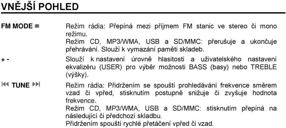 + - Slouží k nastavení úrovně hlasitosti a uživatelského nastavení ekvalizéru (USER) pro výběr možnosti BASS (basy) nebo TREBLE (výšky).