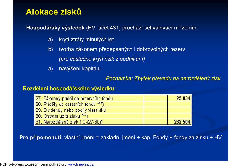 rizik z podnikání) a) navýšení kapitálu Rozdělení hospodářského výsledku: Poznámka: Zbytek