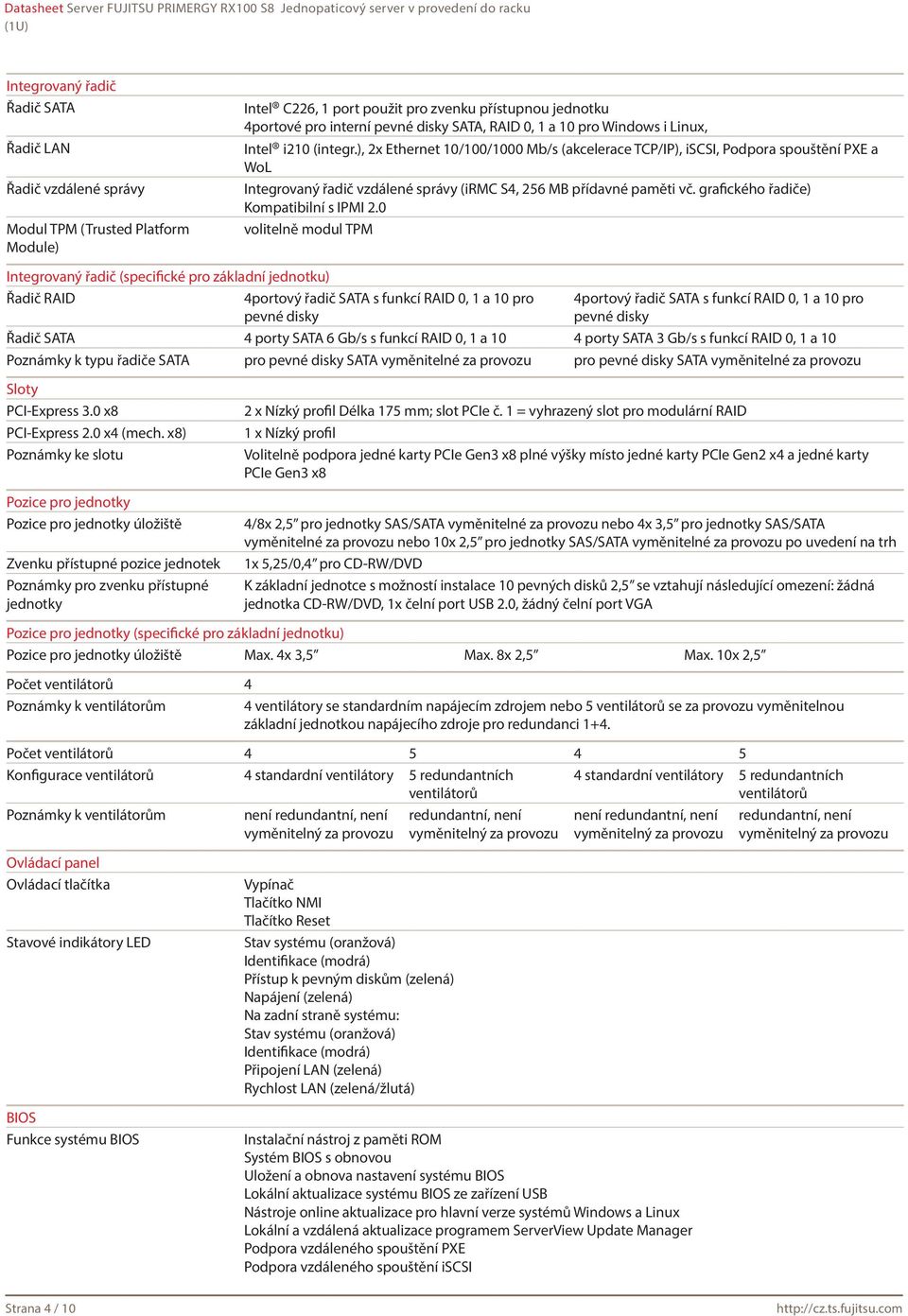 ), 2x Ethernet 10/100/1000 Mb/s (akcelerace TCP/IP), iscsi, Podpora spouštění PXE a WoL Integrovaný řadič vzdálené správy (irmc S4, 256 MB přídavné paměti vč. grafického řadiče) Kompatibilní s IPMI 2.