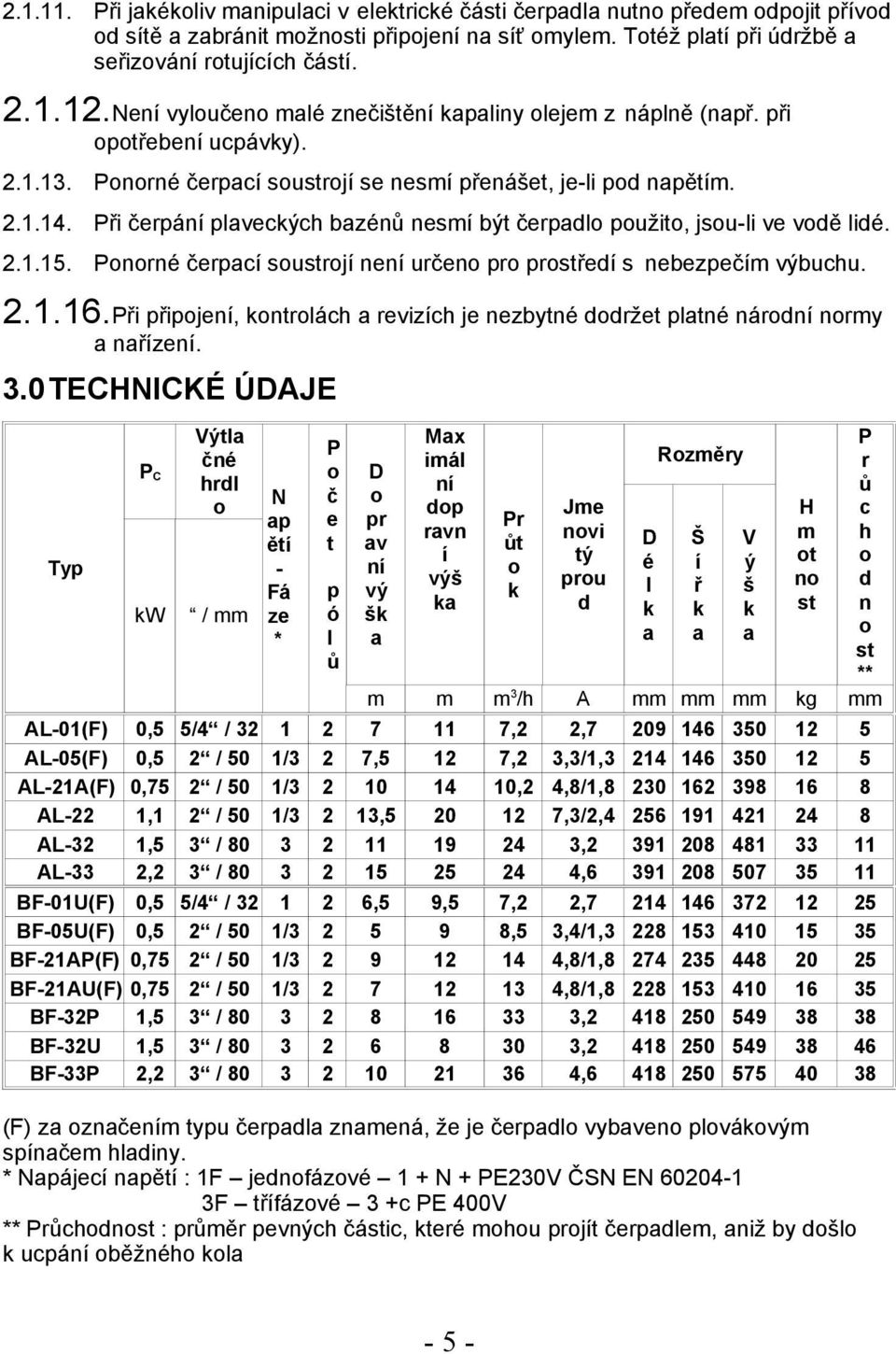 Při čerpání plaveckých bazénů nesmí být čerpadlo použito, jsou-li ve vodě lidé. 2.1.15. Ponorné čerpací soustrojí není určeno pro prostředí s nebezpečím výbuchu. 2.1.16.