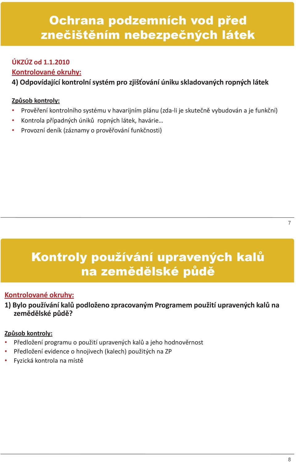 vybudován a je funkční) Kontrola případných úniků ropných látek, havárie Provozní deník (záznamy o prověřování funkčnosti) 7 Kontroly používání upravených kalů na