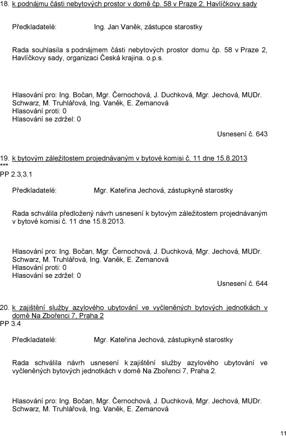Zemanová Hlasování proti: 0 Hlasování se zdržel: 0 Usnesení č. 643 19. k bytovým záležitostem projednávaným v bytové komisi č. 11 dne 15.8.2013 *** PP 2.3,3.1 Předkladatelé: Mgr.