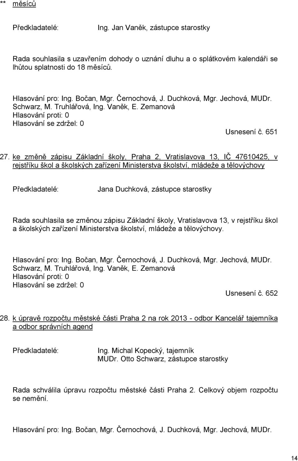 ke změně zápisu Základní školy, Praha 2, Vratislavova 13, IČ 47610425, v rejstříku škol a školských zařízení Ministerstva školství, mládeže a tělovýchovy Předkladatelé: Jana Duchková, zástupce