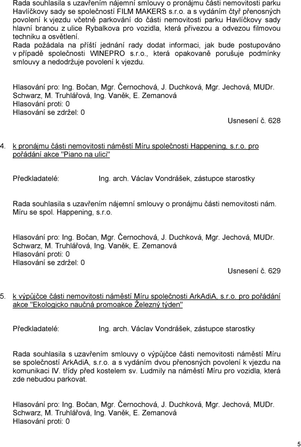 vy o pronájmu části nemovitosti parku Havlíčkovy sady se společností FILM MAKERS s.r.o. a s vydáním čtyř přenosných povolení k vjezdu včetně parkování do části nemovitosti parku Havlíčkovy sady