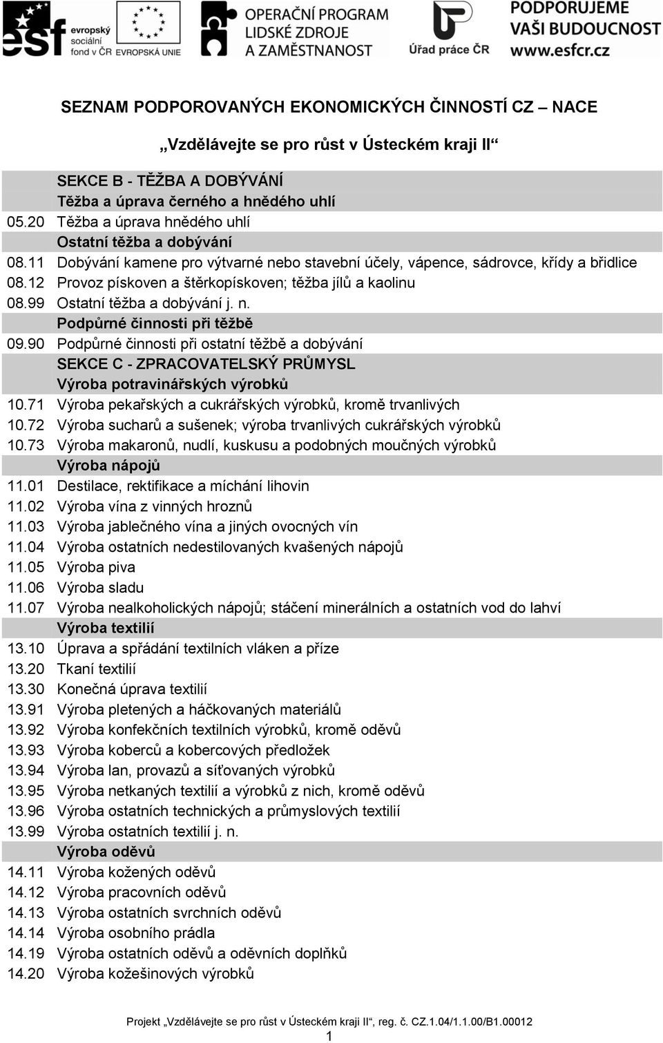 12 Provoz pískoven a štěrkopískoven; těžba jílů a kaolinu 08.99 Ostatní těžba a dobývání j. n. Podpůrné činnosti při těžbě 09.