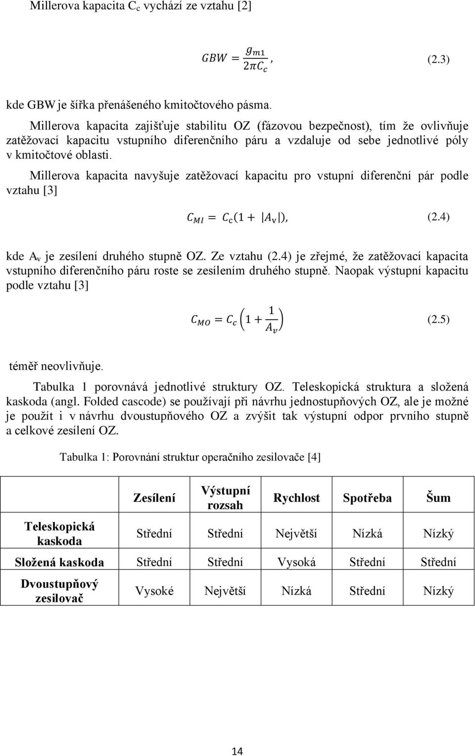 Millerova kapacita navyšuje zatěžovací kapacitu pro vstupní diferenční pár podle vztahu [3] (2.4) kde A v je zesílení druhého stupně OZ. Ze vztahu (2.