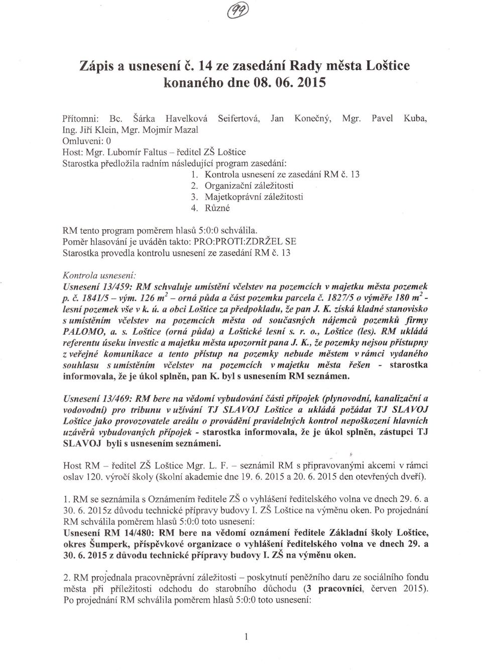 organizačni záiežitosti 3. Majetkoprávní zá ežitosti 4. R zné RM tento program poměrem hlasri 5:0:0 schválila.