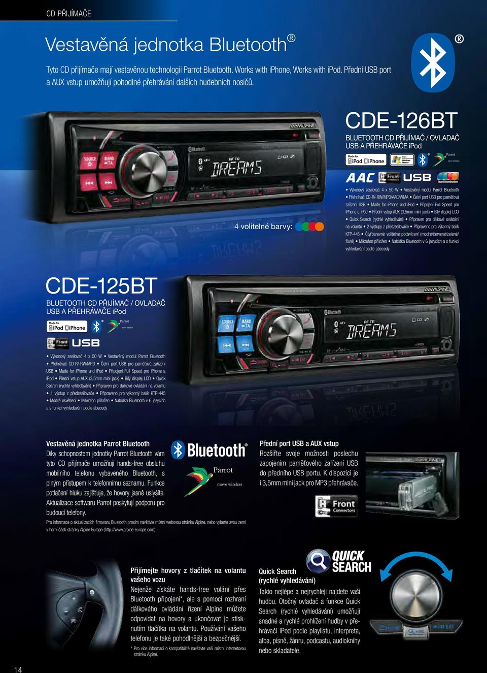 CDE-126BT BLUETOOTH CD PŘIJÍMAČ / OVLADAČ USB A PŘEHRÁVAČE 4 volitelné barvy: Výkonový zesilovač 4 x 50 W Vestavěný modul Parrot Bluetooth Přehrávač CD-R/-RW/MP3/AAC/WMA Čelní port USB pro paměťová