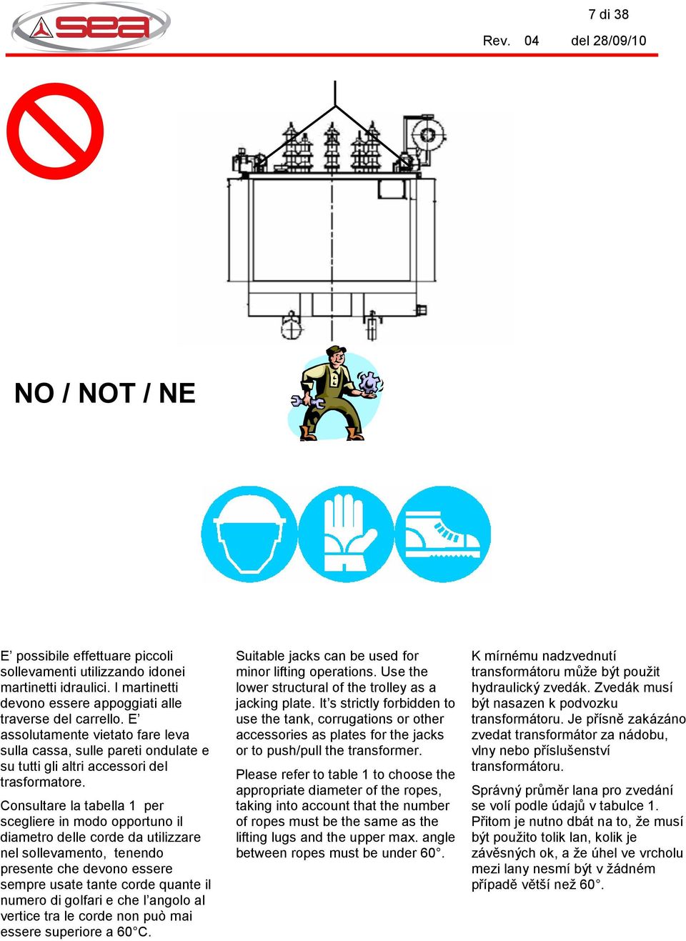 Consultare la tabella 1 per scegliere in modo opportuno il diametro delle corde da utilizzare nel sollevamento, tenendo presente che devono essere sempre usate tante corde quante il numero di golfari