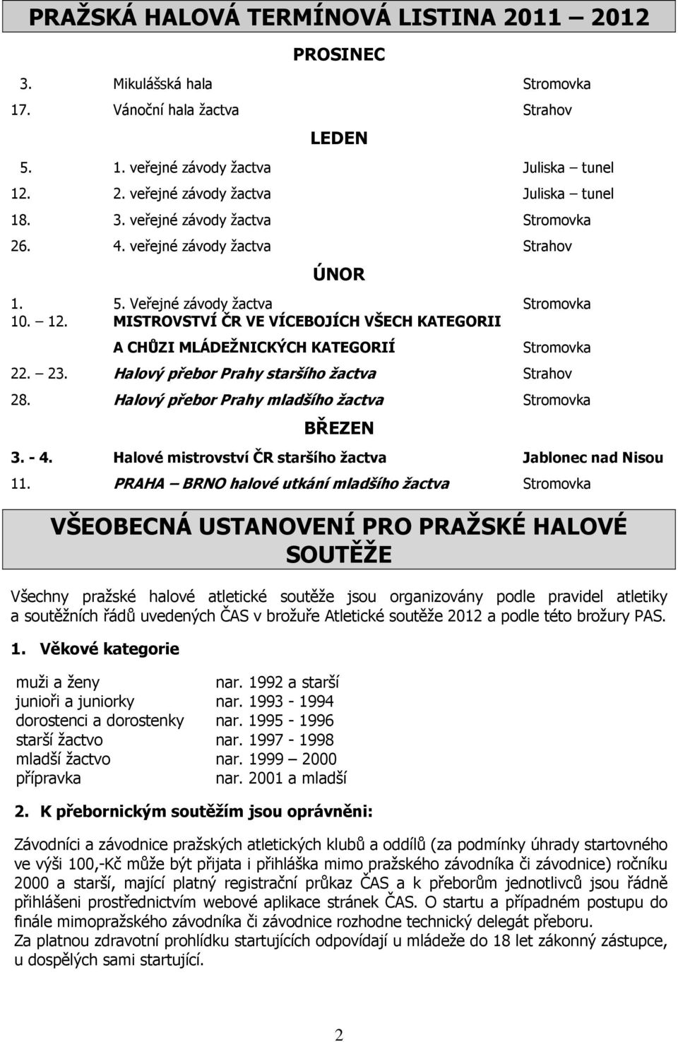 MISTROVSTVÍ ČR VE VÍCEBOJÍCH VŠECH KATEGORII A CHŮZI MLÁDEŽNICKÝCH KATEGORIÍ Stromovka 22. 23. Halový přebor Prahy staršího žactva Strahov 28. Halový přebor Prahy mladšího žactva Stromovka BŘEZEN 3.