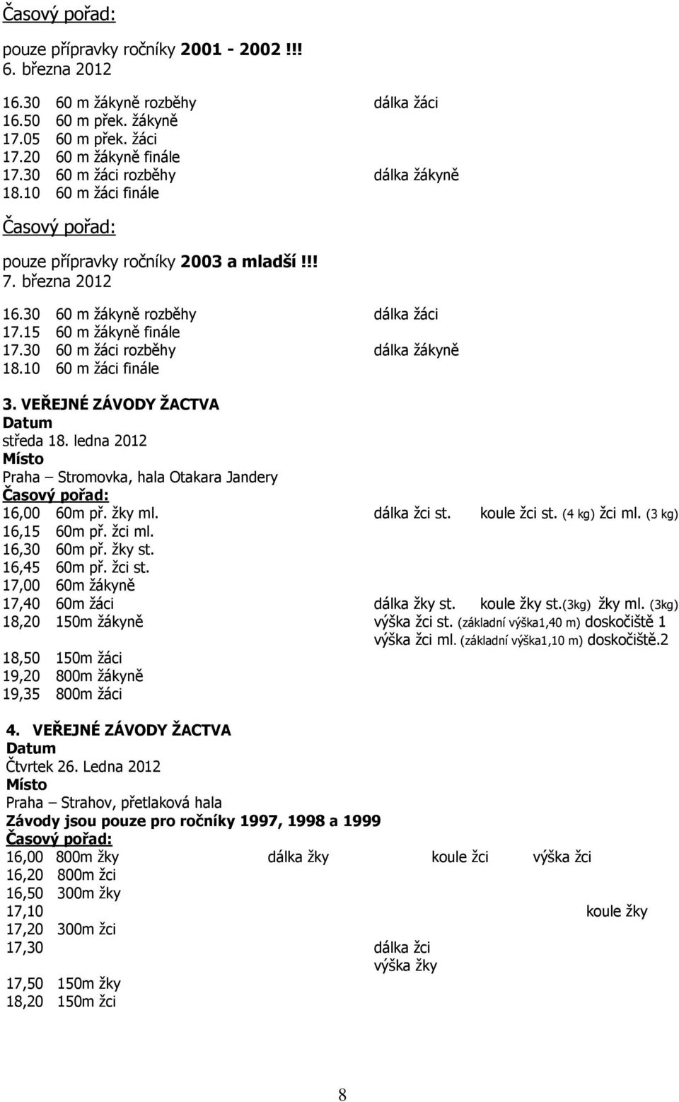 VEŘEJNÉ ZÁVODY ŽACTVA Datum středa 18. ledna 2012 Místo Praha Stromovka, hala Otakara Jandery 16,00 60m př. žky ml. dálka žci st. koule žci st. (4 kg) žci ml. (3 kg) 16,15 60m př. žci ml. 16,30 60m př.