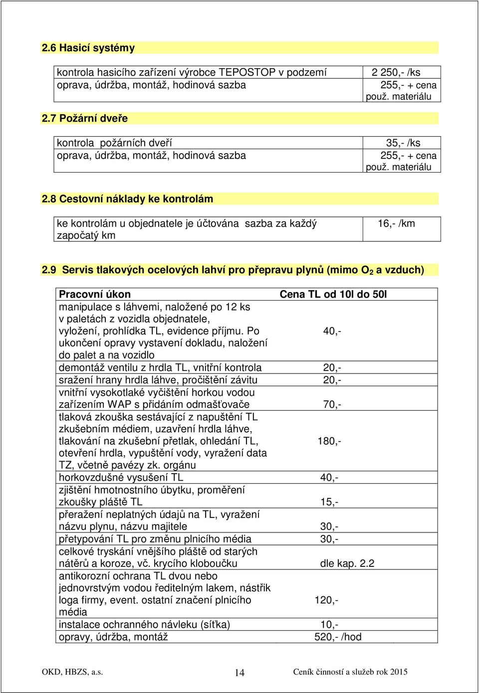 8 Cestovní náklady ke kontrolám ke kontrolám u objednatele je účtována sazba za každý započatý km 16,- /km 2.