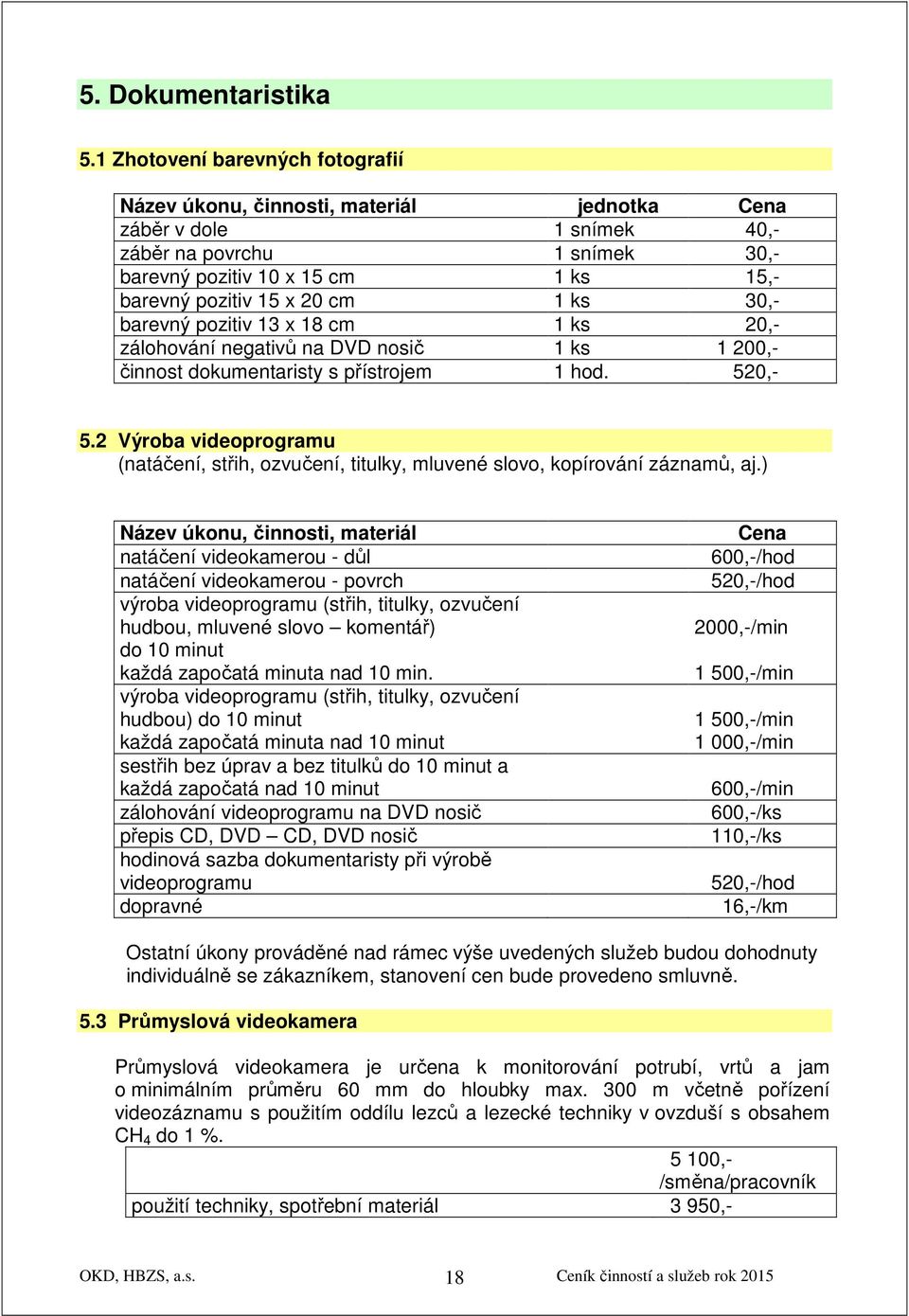 cm 1 ks 30,- barevný pozitiv 13 x 18 cm 1 ks 20,- zálohování negativů na DVD nosič 1 ks 1 200,- činnost dokumentaristy s přístrojem 1 hod. 520,- 5.