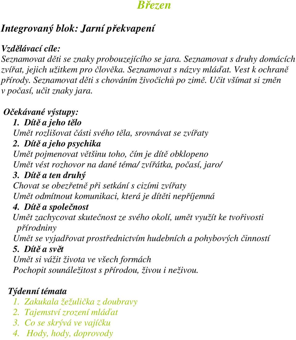 Umět rozlišovat části svého těla, srovnávat se zvířaty Umět pojmenovat většinu toho, čím je dítě obklopeno Umět vést rozhovor na dané téma/ zvířátka, počasí, jaro/ Chovat se obezřetně při setkání s