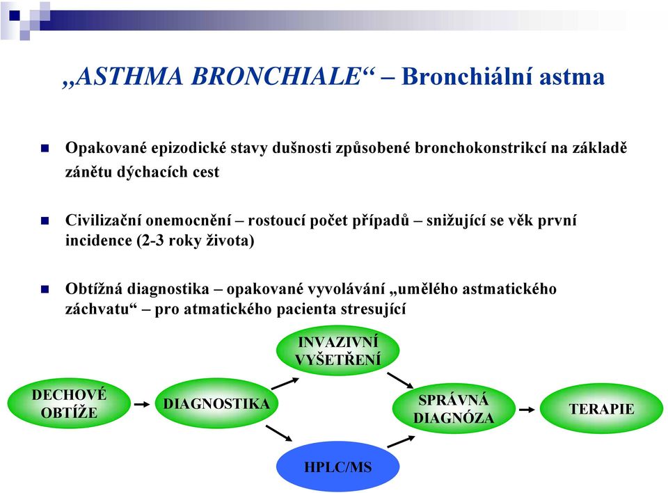 incidence (2-3 roky života) btížná diagnostika opakované vyvolávání umělého astmatického záchvatu pro