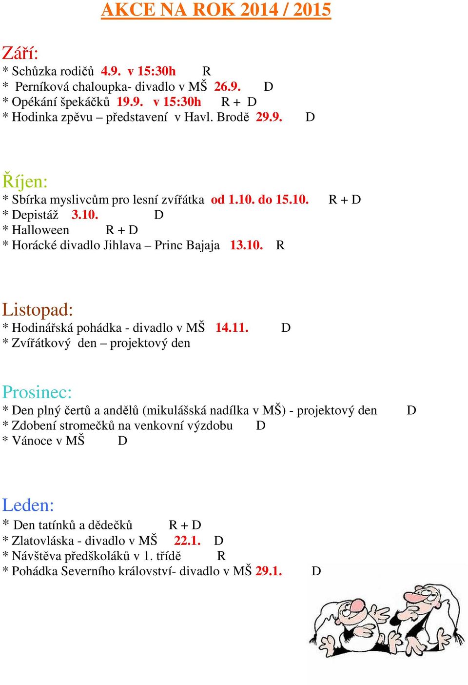 11. D * Zvířátkový den projektový den Prosinec: * Den plný čertů a andělů (mikulášská nadílka v MŠ) - projektový den D * Zdobení stromečků na venkovní výzdobu D * Vánoce v MŠ D Leden: