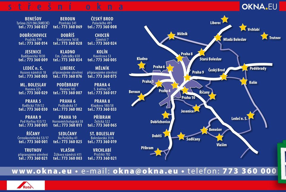 Husovo náměstí 18 tel.: 773 360 003 ML. BOLESLAV Husova 325 tel.: 773 360 029 PRAHA 5 Radlická 759/32 tel.: 773 360 030 PRAHA 9 Pod Harfou 933/72 tel.: 773 360 001 ŘÍČANY Černokostelecká 53/17 tel.