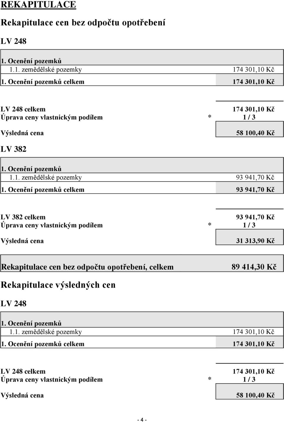 zemědělské pozemky 93 941,70 Kč celkem 93 941,70 Kč LV 382 celkem 93 941,70 Kč 31 313,90 Kč Rekapitulace cen bez