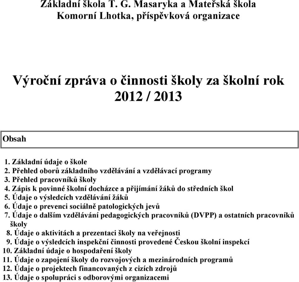 Údaje o prevenci sociálně patologických jevů 7. Údaje o dalším vzdělávání pedagogických pracovníků (DVPP) a ostatních pracovníků školy 8. Údaje o aktivitách a prezentaci školy na veřejnosti 9.