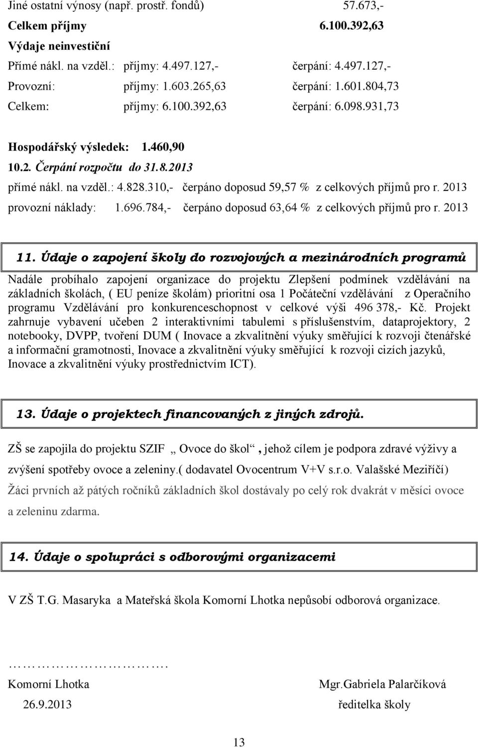 310,- čerpáno doposud 59,57 % z celkových příjmů pro r. 2013 provozní náklady: 1.696.784,- čerpáno doposud 63,64 % z celkových příjmů pro r. 2013 11.