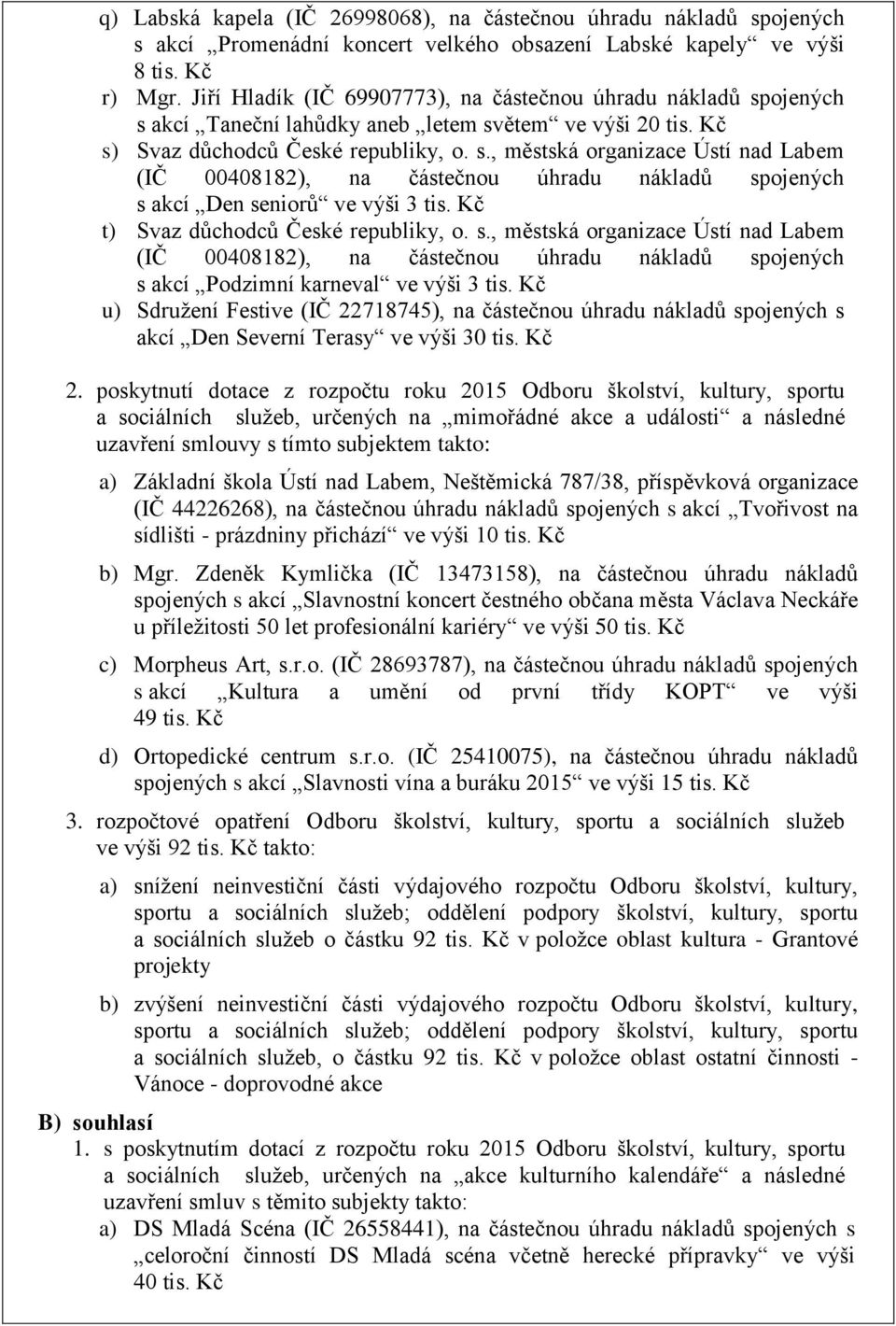 Kč t) Svaz důchodců České republiky, o. s., městská organizace Ústí nad Labem (IČ 00408182), na částečnou úhradu nákladů spojených s akcí Podzimní karneval ve výši 3 tis.