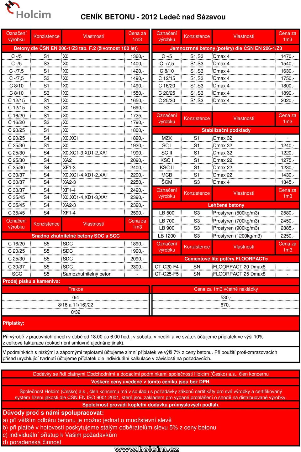 16/20 S1 X0 1725,- C 16/20 S3 X0 1790,- C 20/25 S1 X0 1800,- Stabilizační podklady C 20/25 S4 X0,XC1 1890,- MZK S1 Dmax 32 - C 25/30 S1 X0 1920,- SC I S1 Dmax 32 1240,- C 25/30 S4 X0,XC1-3,XD1-2,XA1