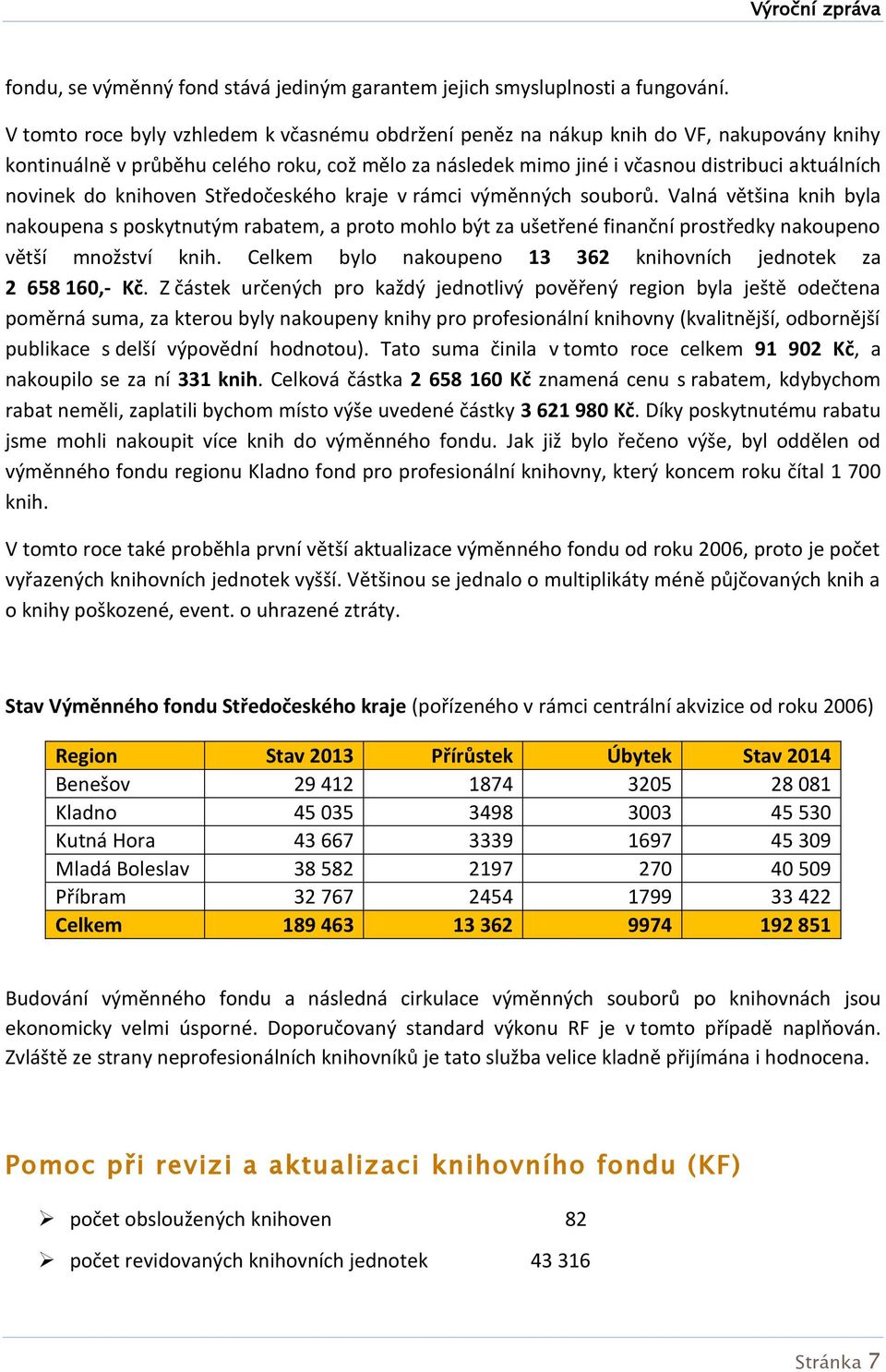 knihoven Středočeského kraje v rámci výměnných souborů. Valná většina knih byla nakoupena s poskytnutým rabatem, a proto mohlo být za ušetřené finanční prostředky nakoupeno větší množství knih.
