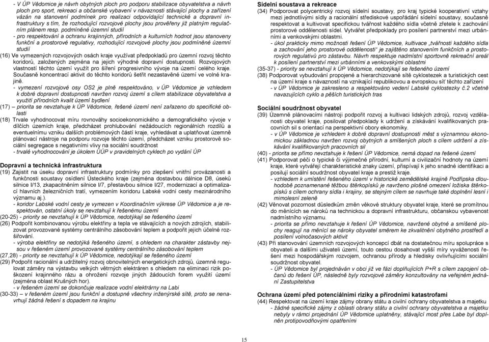 podmíněné územní studií - pro respektování a ochranu krajinných, přírodních a kulturních hodnot jsou stanoveny funkční a prostorové regulativy, rozhodující rozvojové plochy jsou podmíněné územní