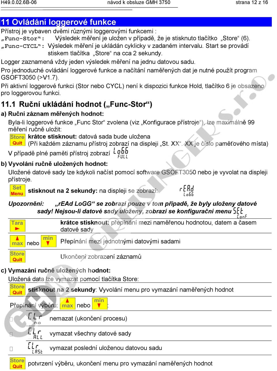 tlačítko Store (6). Func-CYCL : Výsledek měření je ukládán cyklicky v zadaném intervalu. Start se provádí stiskem tlačítka Store na cca 2 sekundy.