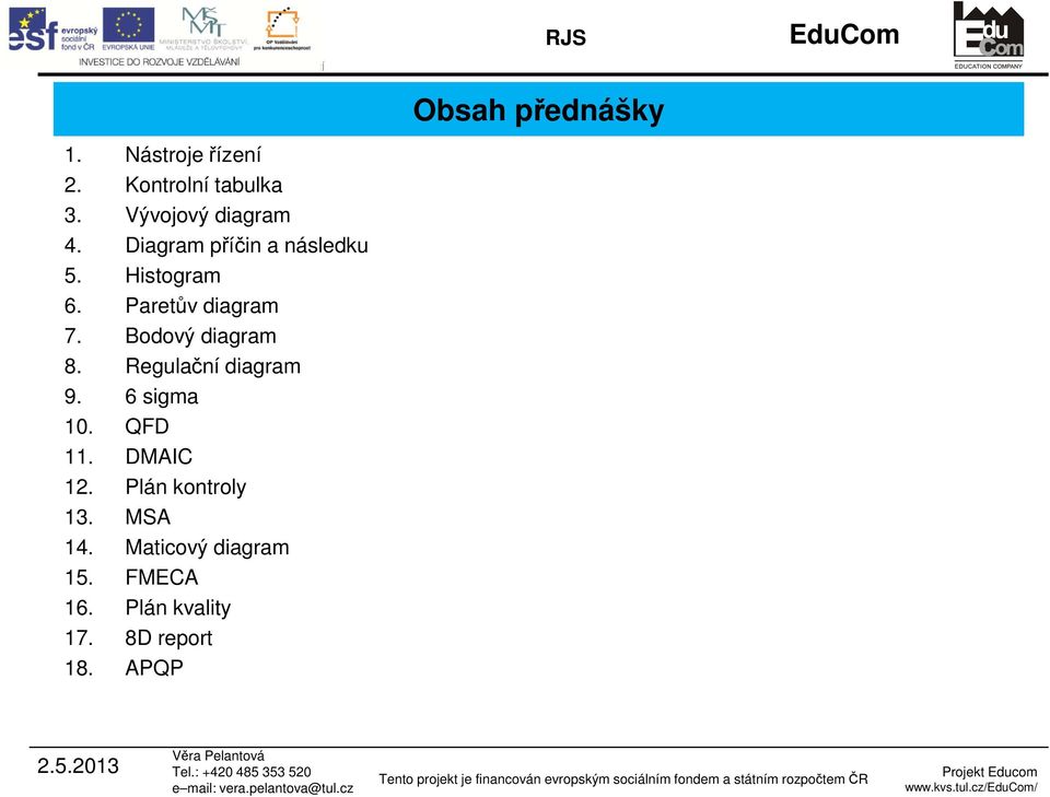 Regulační diagram 9. 6 sigma 10. QFD 11. DMAIC 12. Plán kontroly 13. MSA 14.