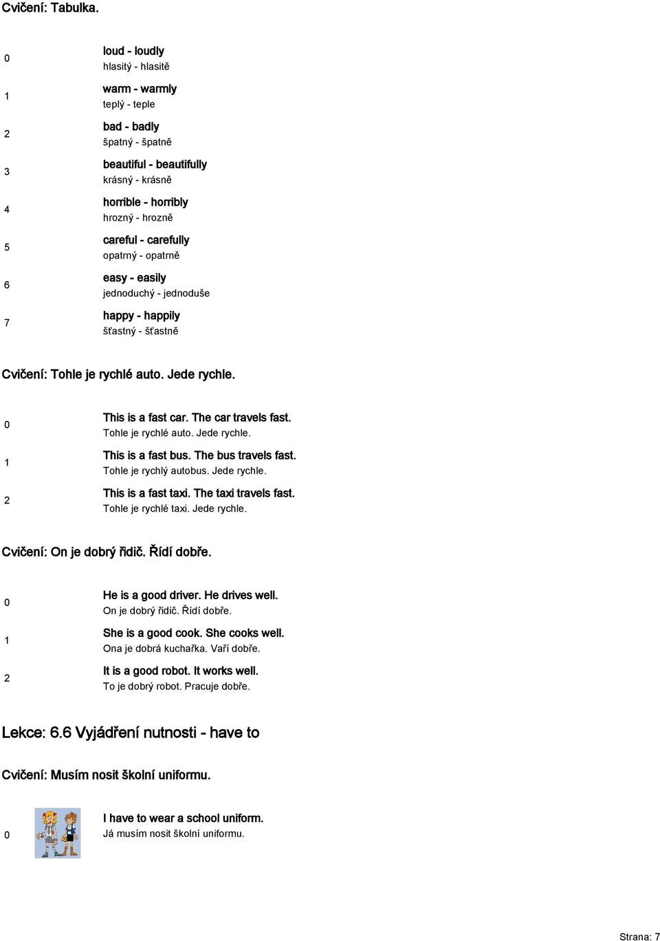 opatrně easy - easily jednoduchý - jednoduše happy - happily šťastný - šťastně Cvičení: Tohle je rychlé auto. Jede rychle. This is a fast car. The car travels fast. Tohle je rychlé auto. Jede rychle. This is a fast bus.