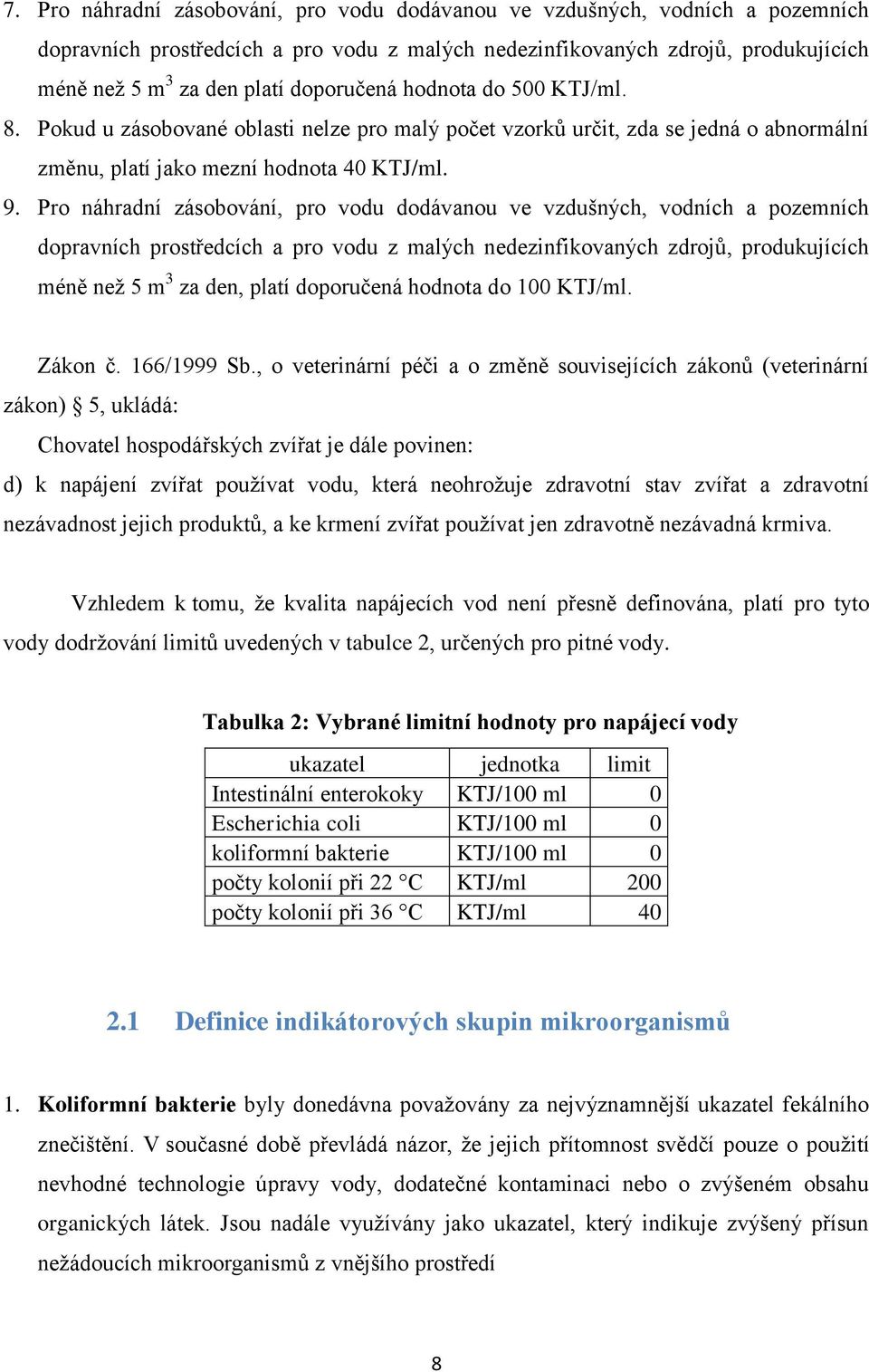 Pro náhradní zásobování, pro vodu dodávanou ve vzdušných, vodních a pozemních dopravních prostředcích a pro vodu z malých nedezinfikovaných zdrojů, produkujících méně než 5 m 3 za den, platí