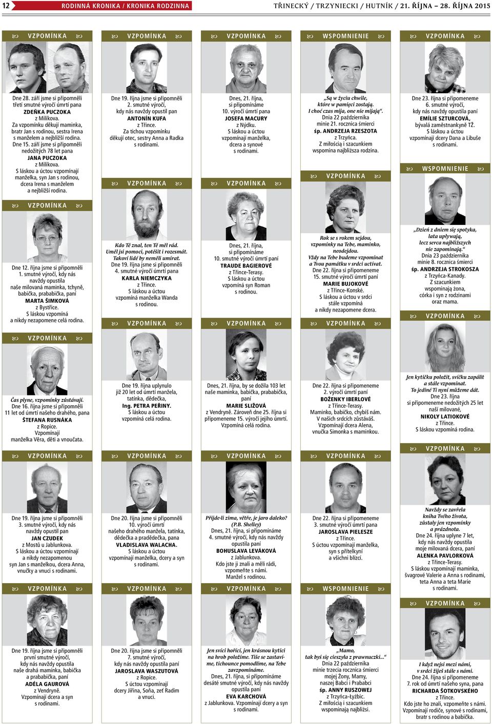 S láskou a úctou vzpomínají manželka, syn Jan s rodinou, dcera Irena s manželem a nejbližší rodina. Dne 19. října jsme si připomněli 2. smutné výročí, kdy nás navždy opustil pan Antonín Kufa z Třince.