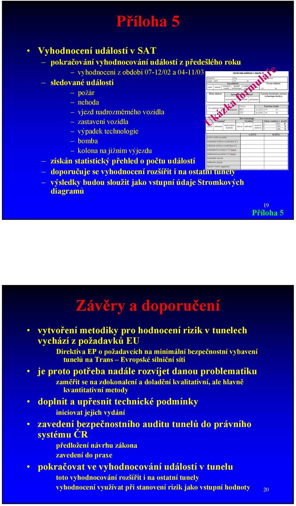 vstupní údaje Stromkových diagramů Ukázka formuláře 19 Příloha 5 Závěry a doporučení vytvoření metodiky pro hodnocení rizik v tunelech vychází z požadavků EU Direktiva EP o požadavcích na minimální